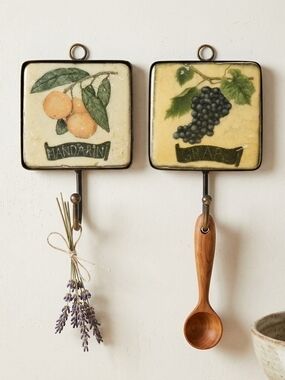 Vintage Cottagecore Botanical Fruit Metal Wall Hooks Grape Mandarin
​